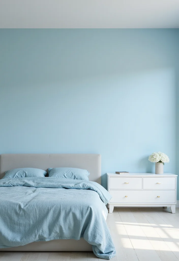12 Light Blue Bedroom Ideas for Calm Soft Relaxing Style 5. Minimalist Charm Simple Light Blue Decor