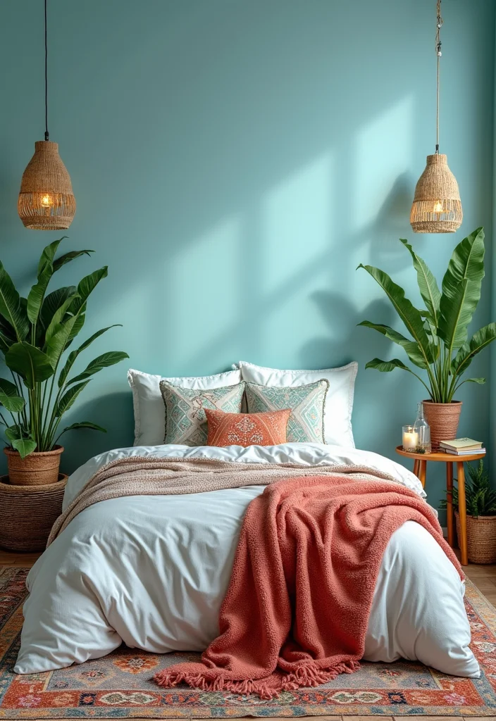 12 Light Blue Bedroom Ideas for Calm Soft Relaxing Style 6. Bohemian Touch Light Blue Meets Bold Colors