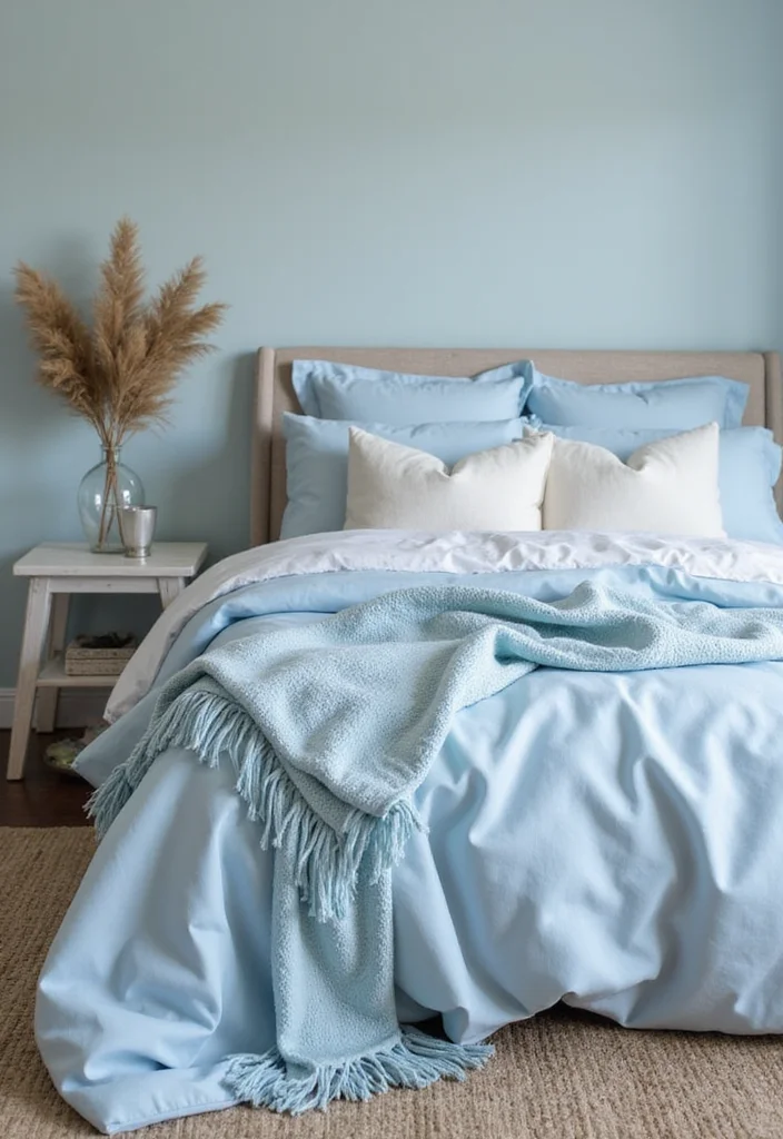 12 Light Blue Bedroom Ideas for Calm Soft Relaxing Style 8. Dreamy Layers Soft Blue Bedding and Pillows