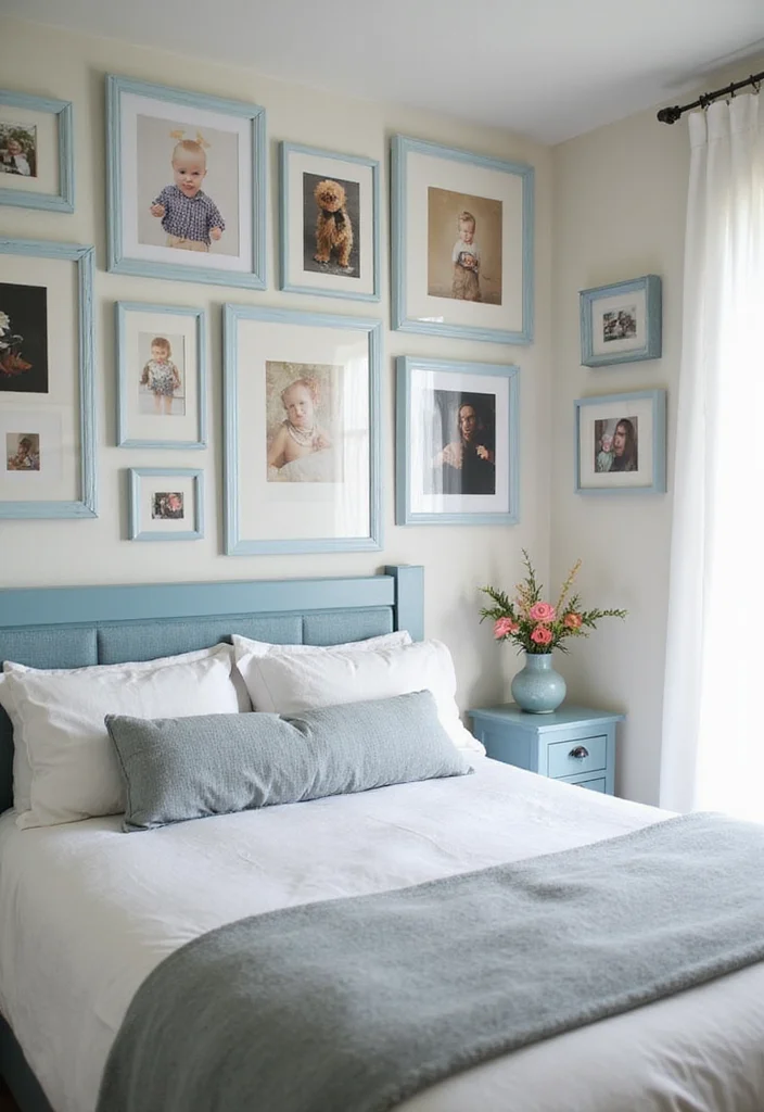 12 Light Blue Bedroom Ideas for Calm Soft Relaxing Style 9. Personal Touch Customized Light Blue Art