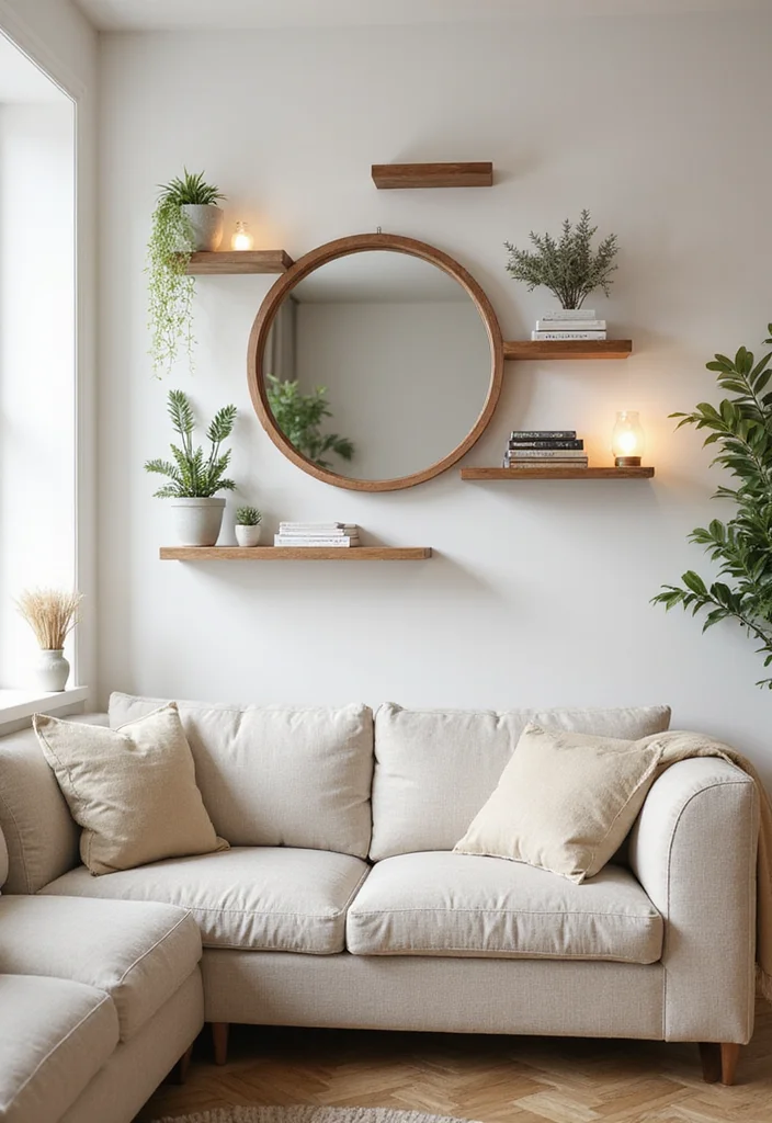 12 Living Room Mirror Ideas for Light Space and Modern Style 100 12 Living Room Mirror Ideas for Light Space and Modern Style 10. Round Wall Mirrors with Shelves