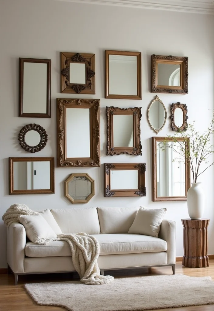 12 Living Room Mirror Ideas for Light Space and Modern Style 12 12 Living Room Mirror Ideas for Light Space and Modern Style 2. Gallery Wall of Mirrors
