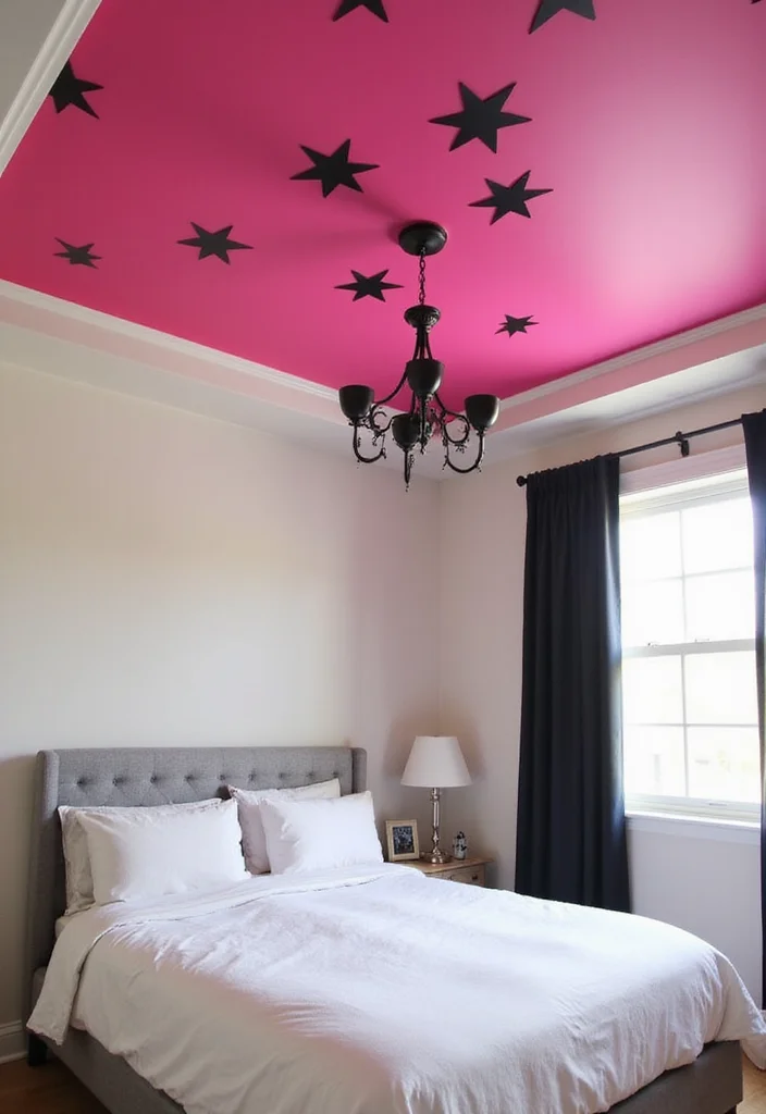 12 Pink and Black Bedroom Ideas for Bold Playful Stylish Contrast 11. Playful Ceiling Decor
