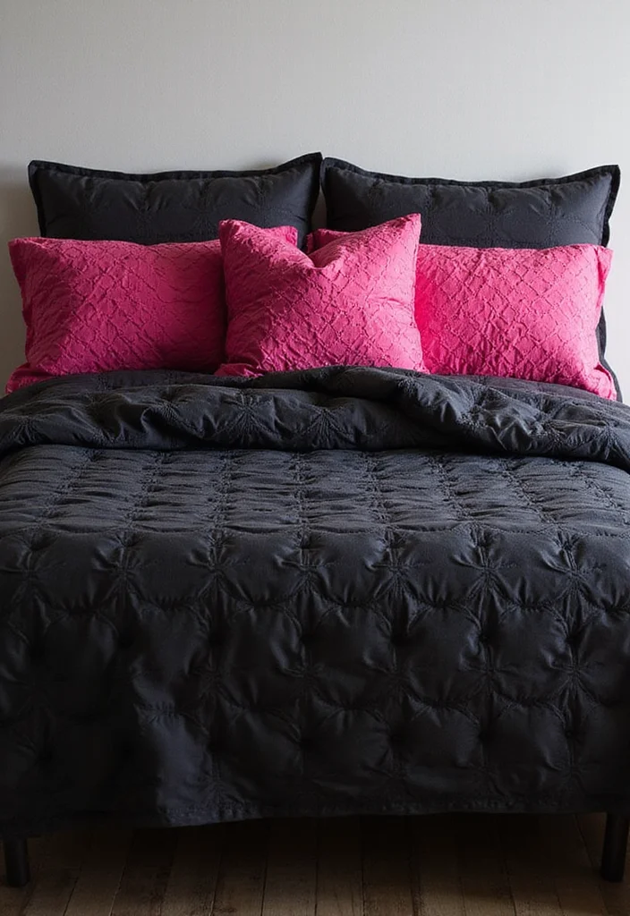 12 Pink and Black Bedroom Ideas for Bold Playful Stylish Contrast 4. Textured Bedding