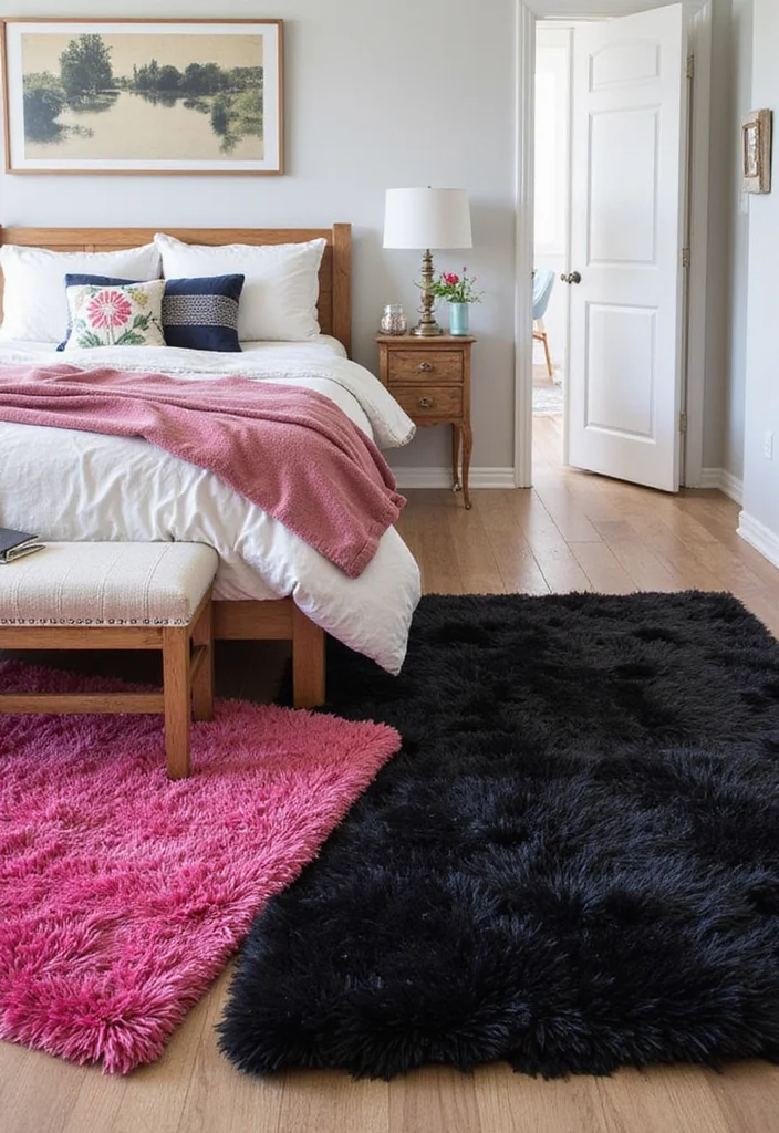 12 Pink and Black Bedroom Ideas for Bold Playful Stylish Contrast 6. Layered Rugs