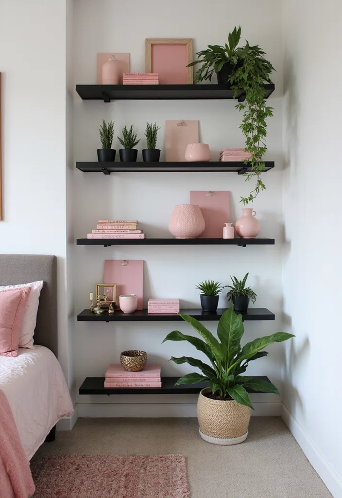 12 Pink and Black Bedroom Ideas for Bold Playful Stylish Contrast 8. Pink and Black Shelving