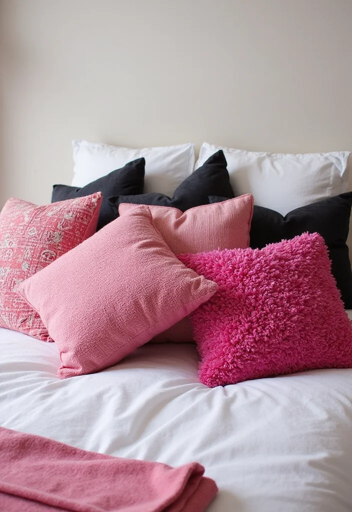 12 Pink and Black Bedroom Ideas for Bold Playful Stylish Contrast 9. Fun Accent Pillows