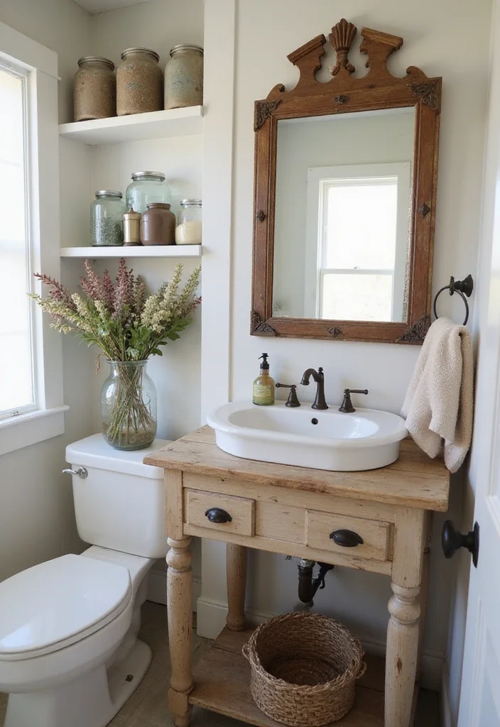 12 Small Farmhouse Bathroom Ideas for Warm Rustic Charm 4. Vintage Accessories