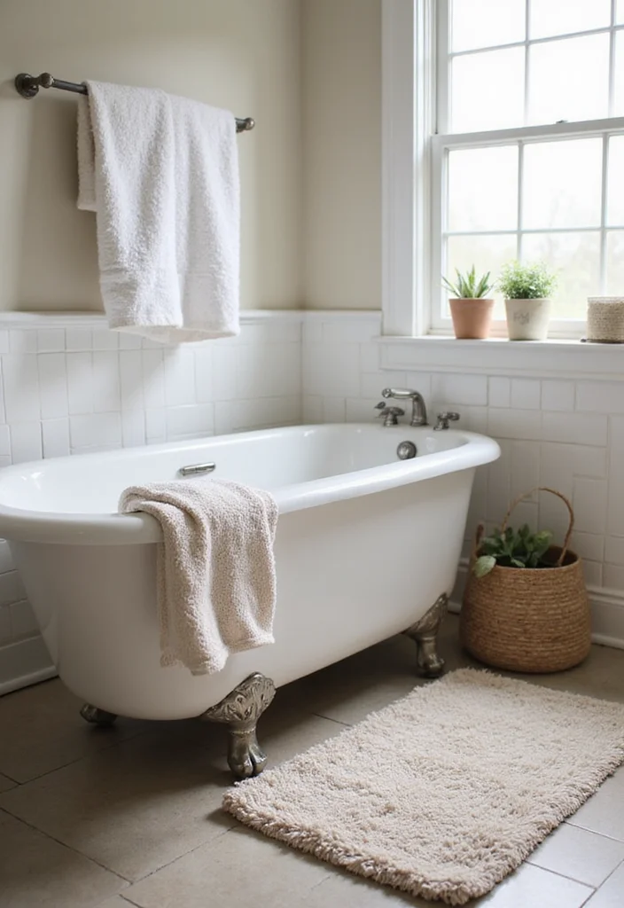 12 Small Farmhouse Bathroom Ideas for Warm Rustic Charm 5. Cozy Textiles