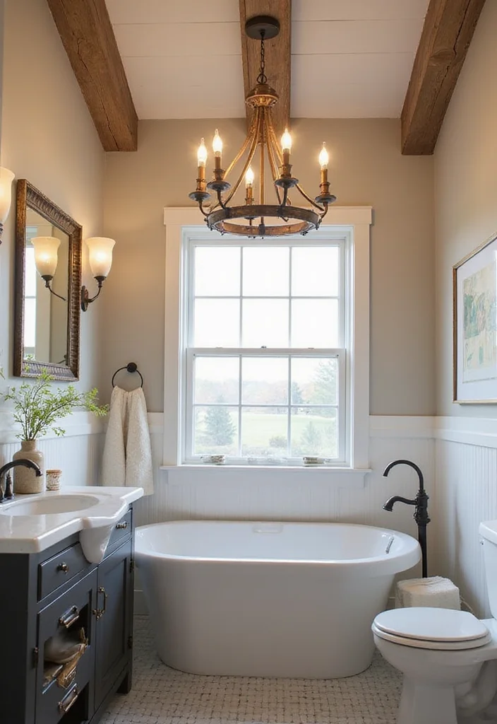 12 Small Farmhouse Bathroom Ideas for Warm Rustic Charm 9. Statement Lighting