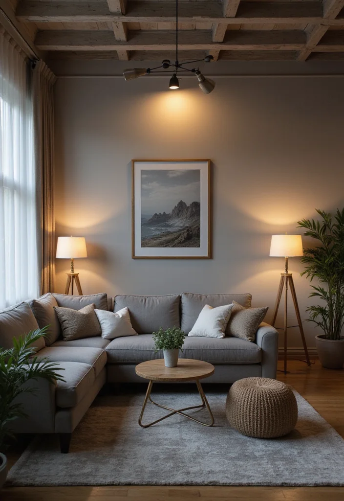 14 Grey Sectional Living Room Ideas for Comfy Modern Neutral Style 10. Grey Sectional with a Layered Lighting Scheme