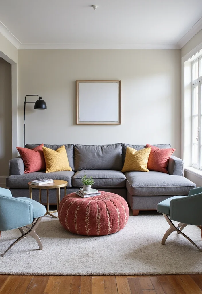 14 Grey Sectional Living Room Ideas for Comfy Modern Neutral Style 11. Grey Sectional with Chic Accent Chairs