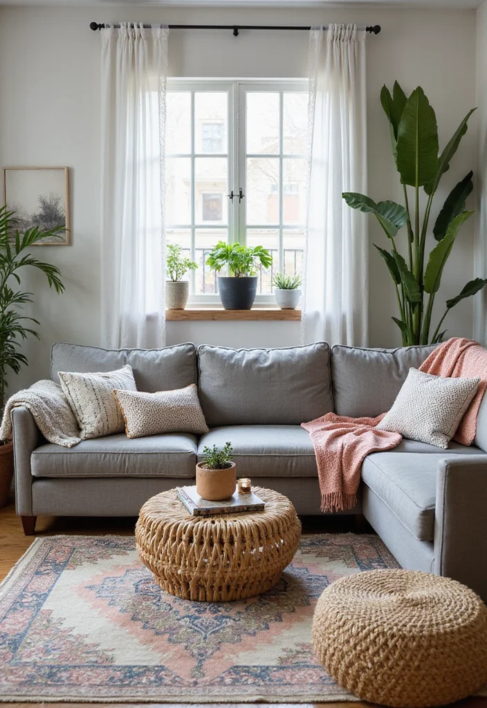 14 Grey Sectional Living Room Ideas for Comfy Modern Neutral Style 12. Grey Sectional with Soft Bohemian Touches