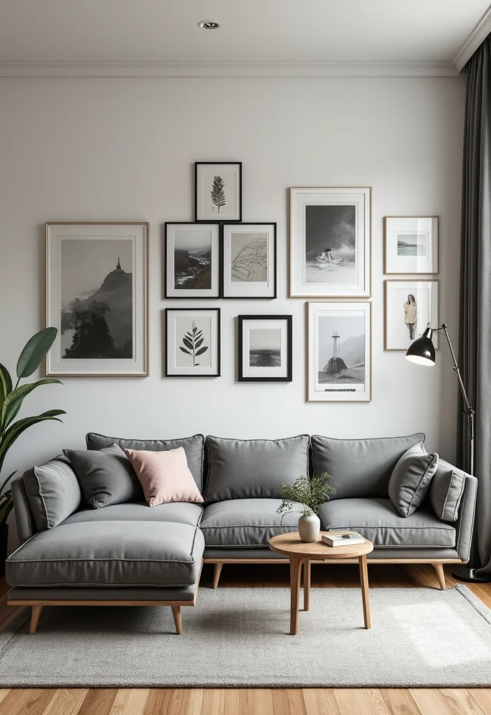 14 Grey Sectional Living Room Ideas for Comfy Modern Neutral Style 13. Grey Sectional with a Modern Gallery Wall