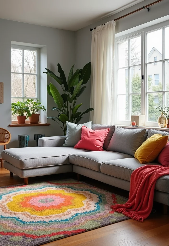 14 Grey Sectional Living Room Ideas for Comfy Modern Neutral Style 4. Grey Sectional with Bold Color Accents