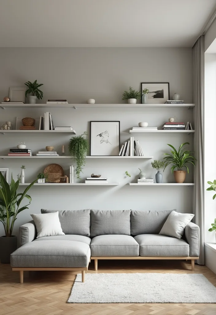 14 Grey Sectional Living Room Ideas for Comfy Modern Neutral Style 8. Grey Sectional Surrounded by Open Shelving