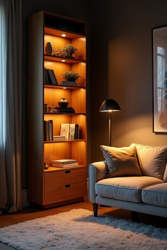 dimmable warm floor lamp enhances bookshelf displays