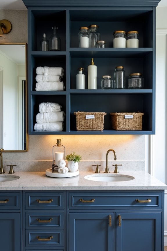 repurposed cabinets organized bathroom storage
